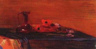 Still Life with Anemones and Dark Red Glass Carafe by Curt Herrmann